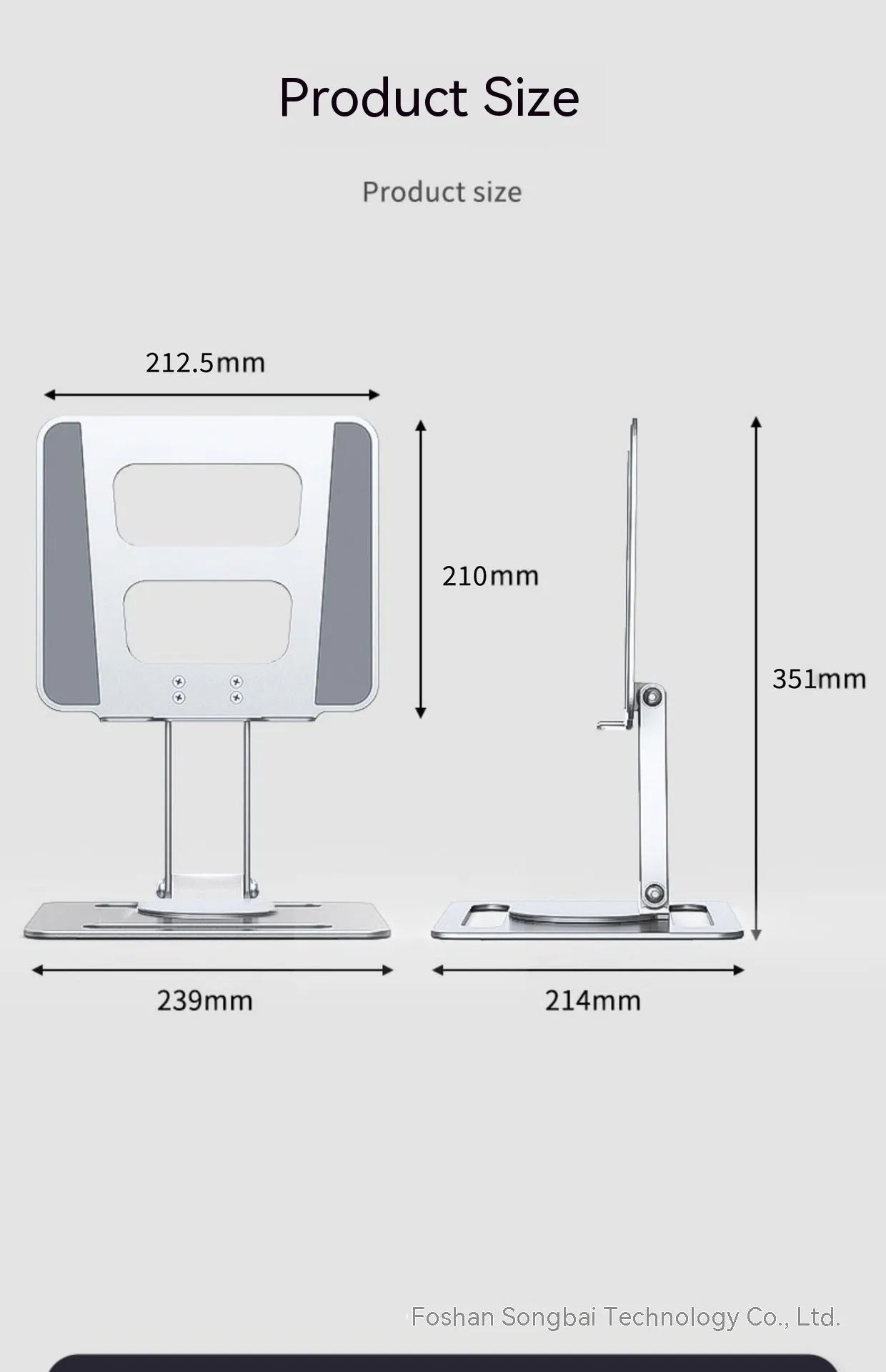 Folding aluminium alloy laptop and tablet stand in silver on a desk, showing unfolded position