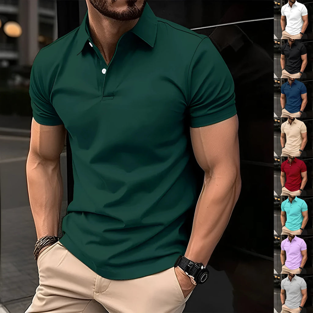 Men's cotton mix polo shirt with button lapel front and short sleeves in solid colour