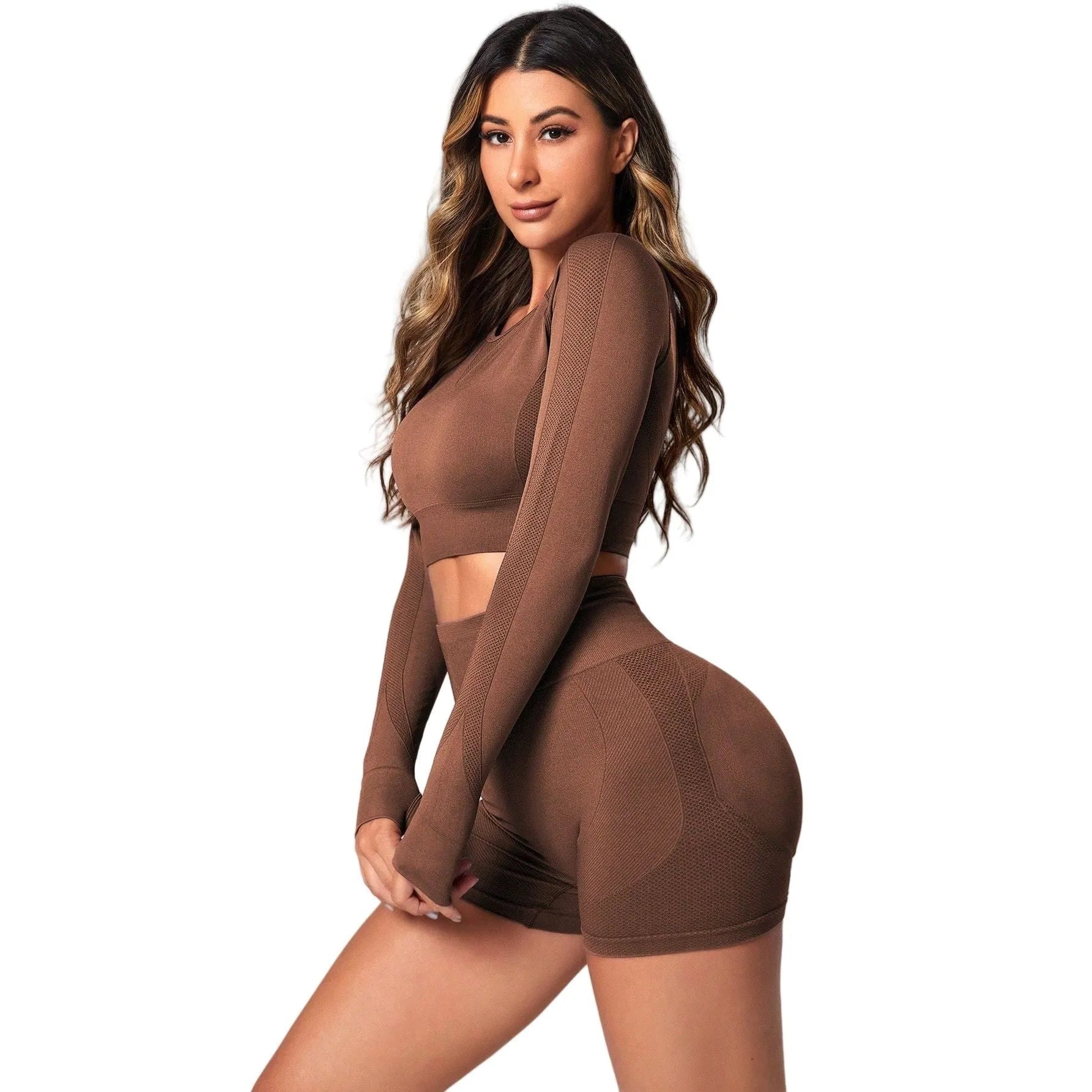 Women's black high waist yoga suit with long sleeves and matching pants