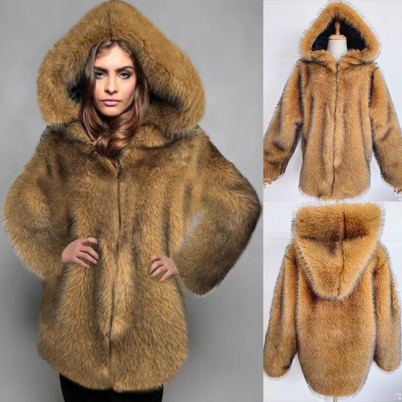 Silver grey women's loose-fit mid-length artificial fur coat on a hanger