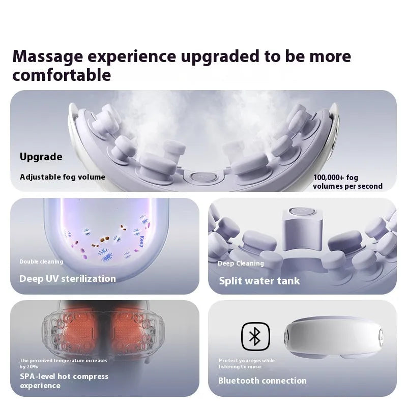 Bluetooth steam eye moisturising massager in purplish grey, showing its compact size for hot compress therapy.