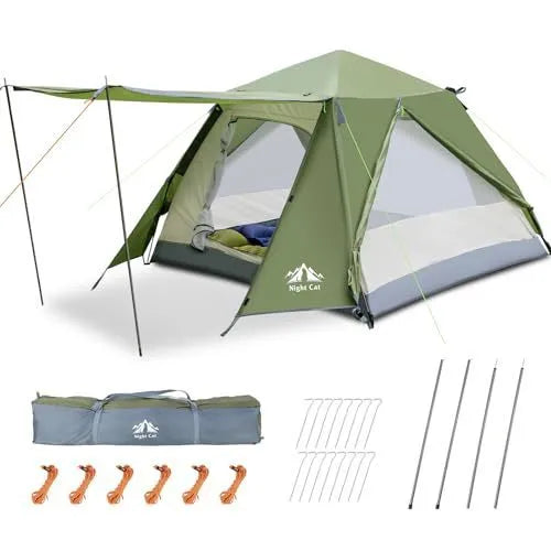 Dark green two-person pop-up camping tent with waterproof construction