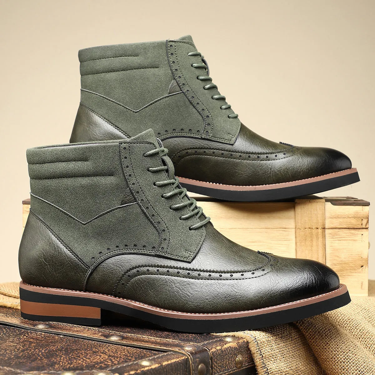 Men's retro Martin boots mid-calf carved slip-on block heel pointed toe artificial PU upper in Army Green colour