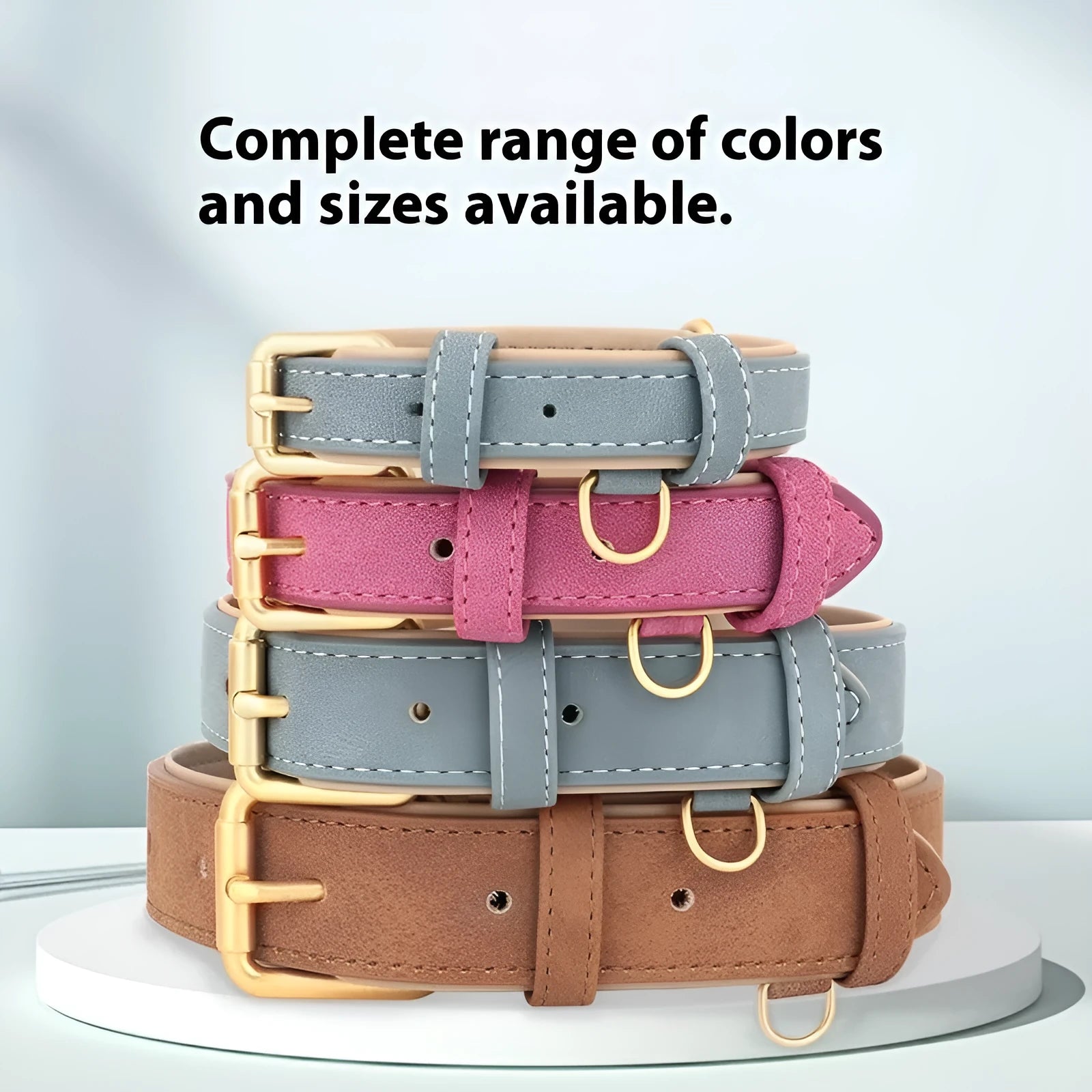 Double-layer leather dog collar and matching leash in blue, brown, or rose red with mohair lining.