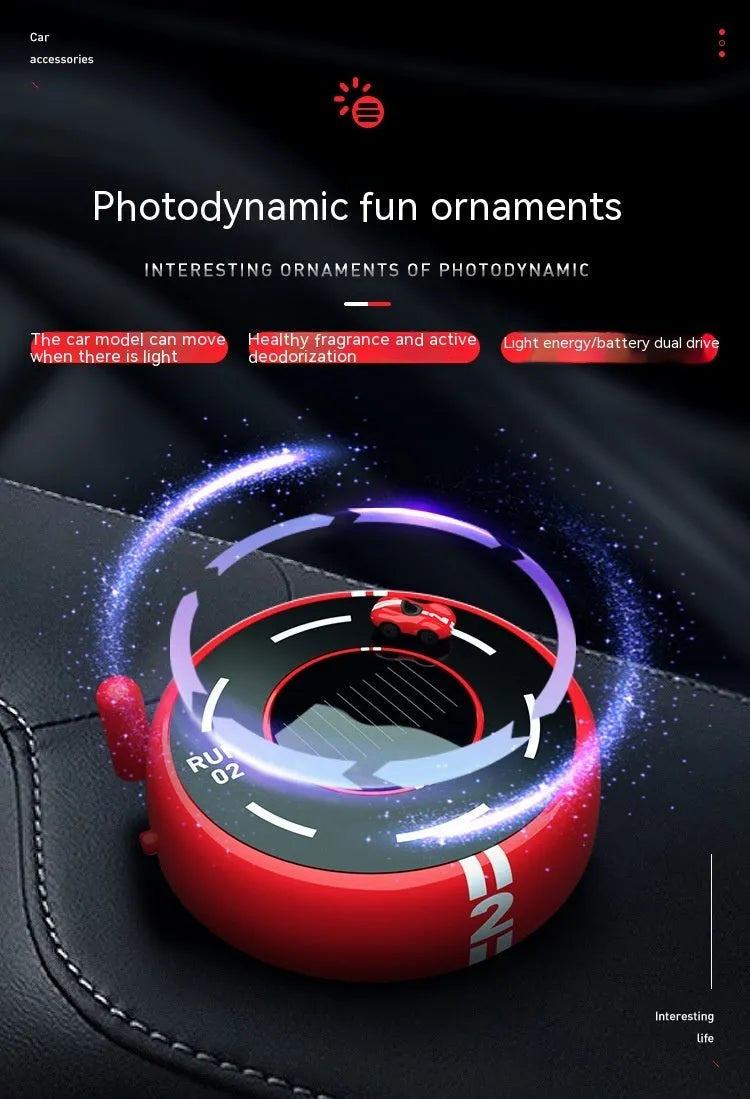 Round car-shaped solar aromatherapy decoration for vehicle interiors in choice of colours