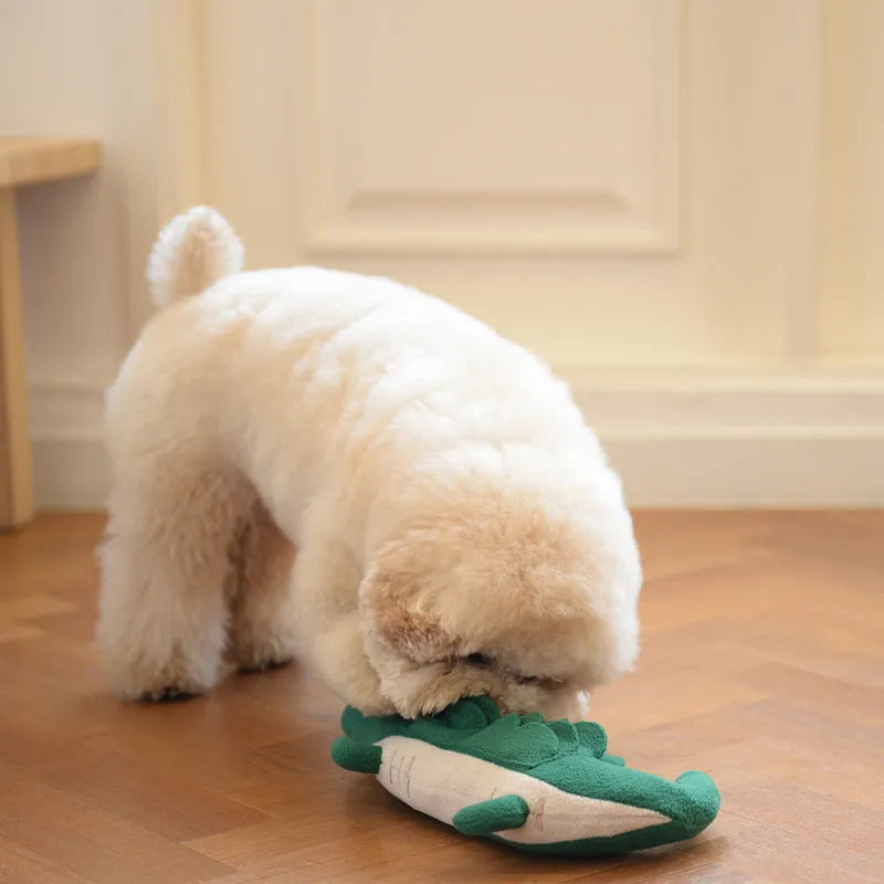 Green soft fabric plush dog toy shown on a white background.