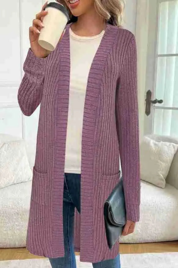 Loose knitted cardigan jacket with long sleeves and pockets in black, gray, or wine red polyester