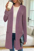 Loose knitted cardigan jacket with long sleeves and pockets in black, gray, or wine red polyester