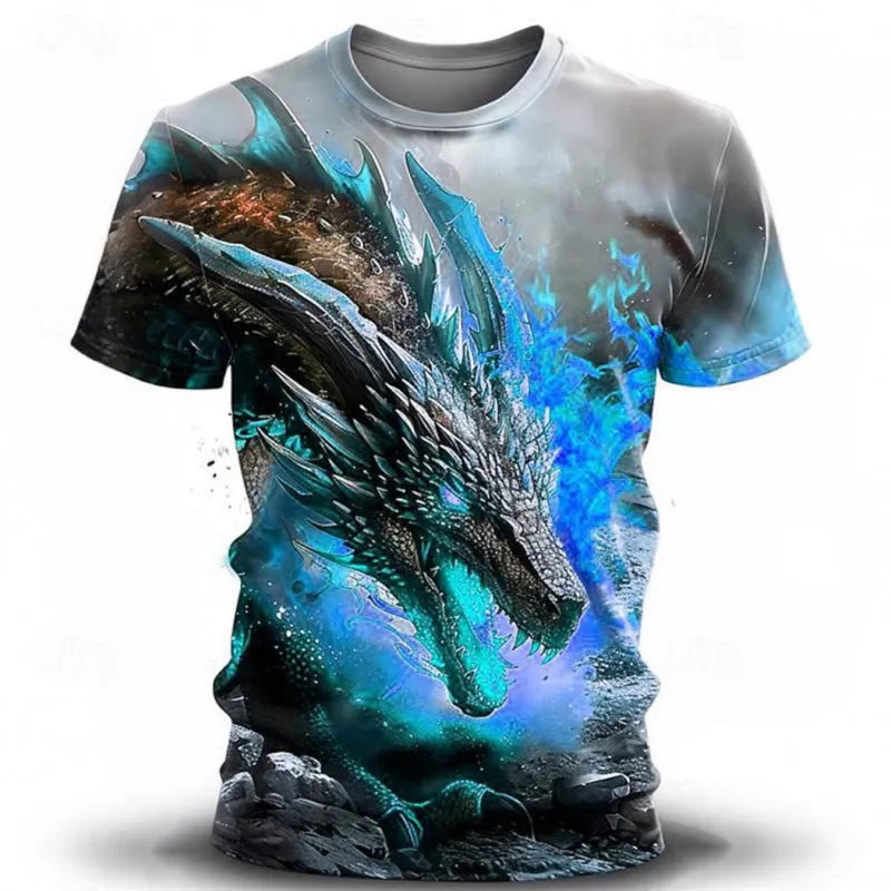 Men's grey short-sleeve T-shirt with a detailed 3D wind dragon graphic print on the front.