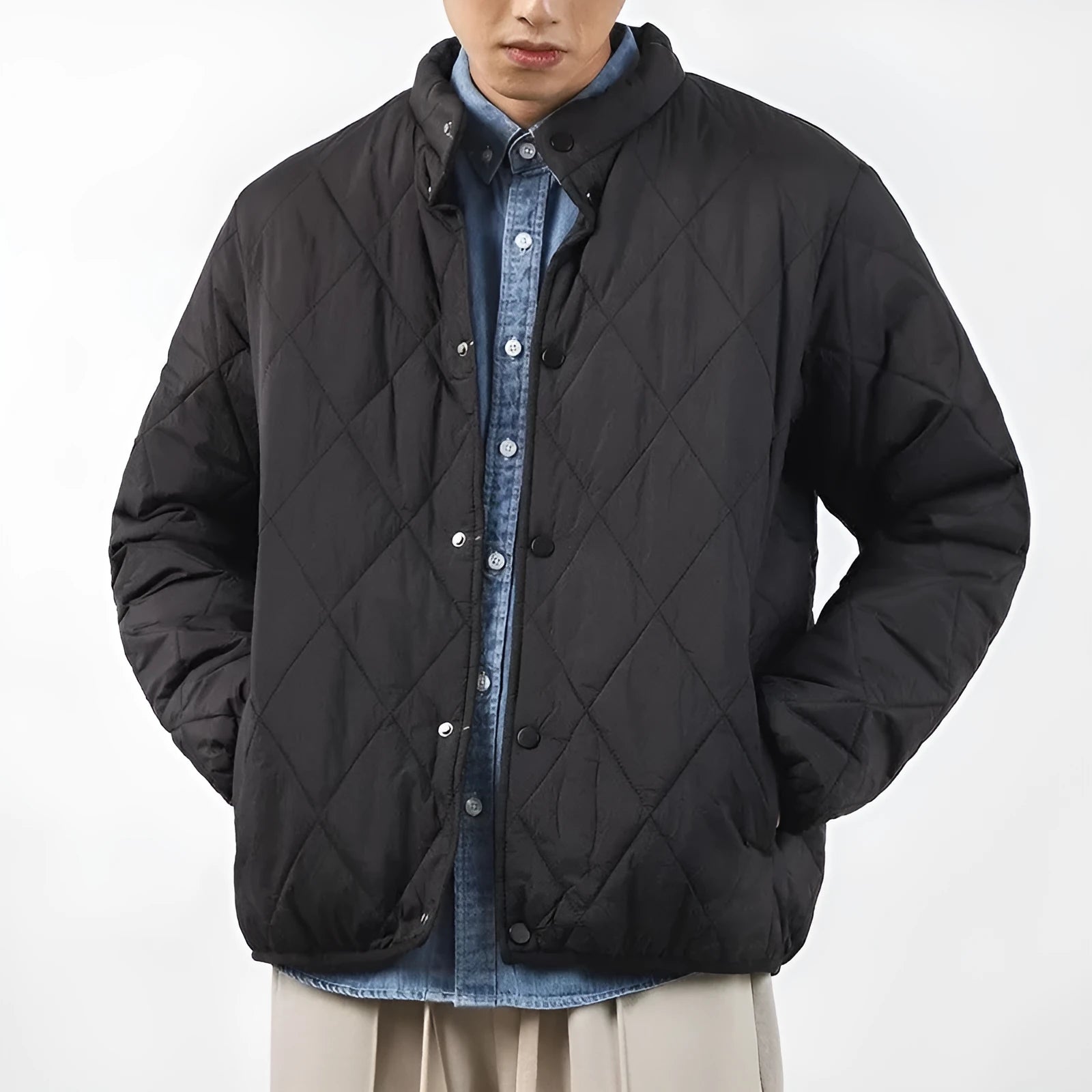 Men's black diamond quilted winter jacket with medium padding and 100cm length