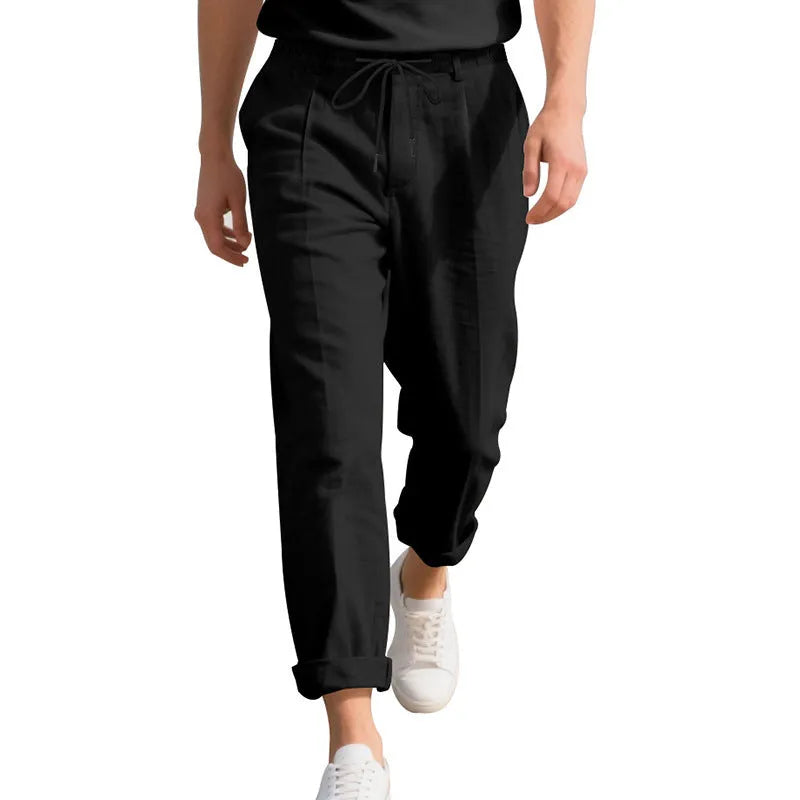 Men's linen casual trousers in straight-leg design with drawstring waist in light khaki colour