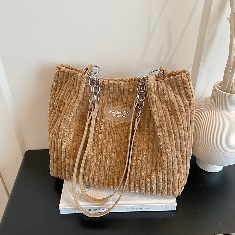 Large capacity soft corduroy chain underarm tote bag in khaki with double straps and splicing detail