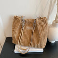 Large capacity soft corduroy chain underarm tote bag in khaki with double straps and splicing detail