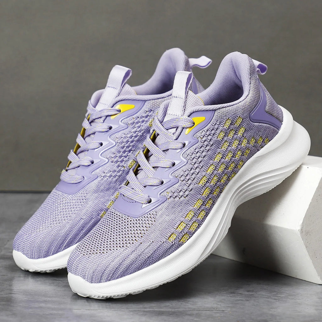 Women's lavender purple Flyknit running shoes with mesh lining and EVA sole for jogging