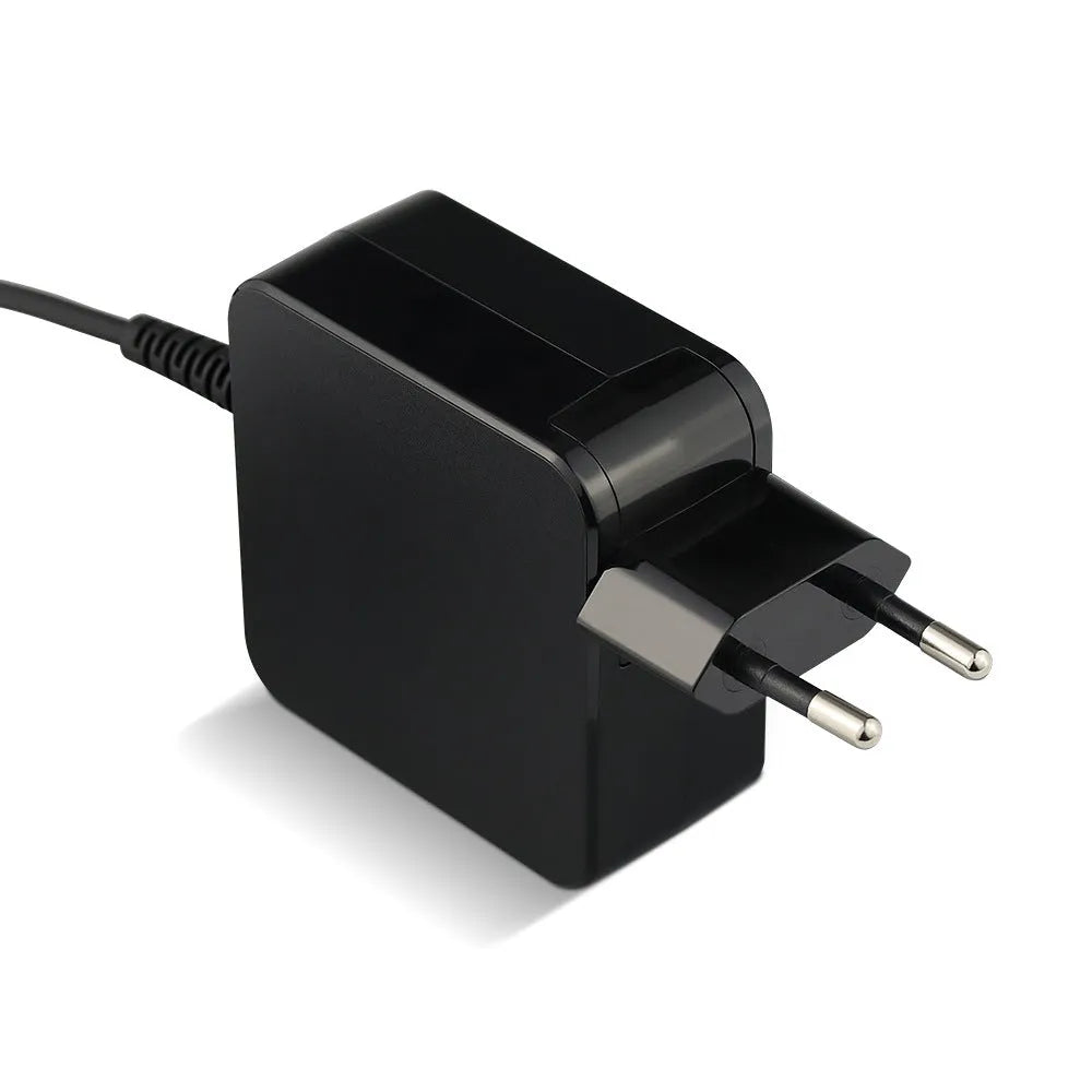 Black 45W Hua laptop adapter and charging cable with DC connector, shown with US and EU plug options.