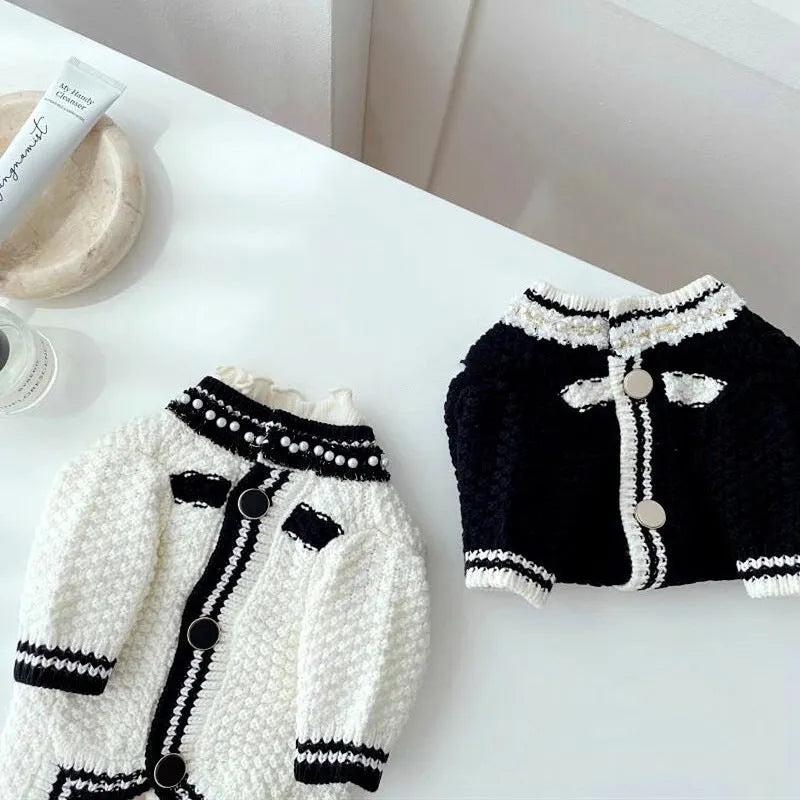 Korean style dog sweater with pearl collar in classic black colour on small breed pet