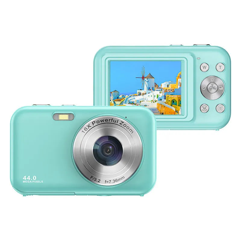 Children's digital camera in black, green, pink, or purple with 2.4-inch screen and lens.