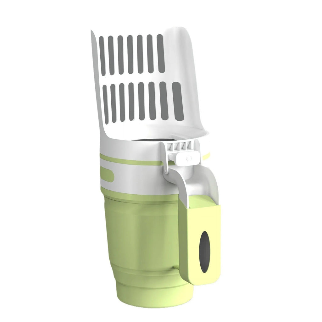 Grey self-cleaning cat litter scoop with integrated waste bin system and foldable bottom