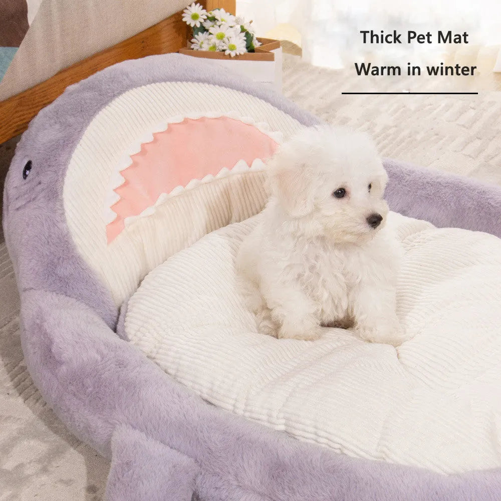 Blue shark pattern velvet pet bed cushion with non-slip base for small medium dogs