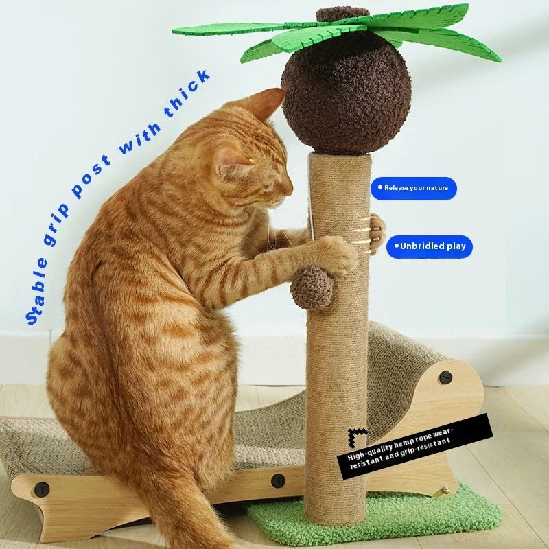 Wooden beach chair style cat climbing frame with chamfered columns and a natural hemp mat base.