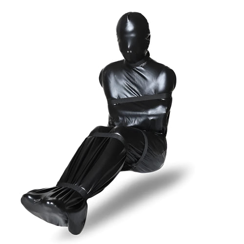 Black patent leather BDSM restraint set with full body wrap and six ratchet straps