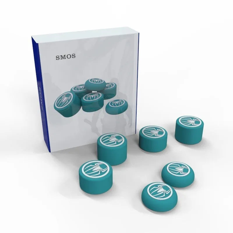 Silicone gaming controller sleeve dust cover in blue with extra rocker caps on a white background
