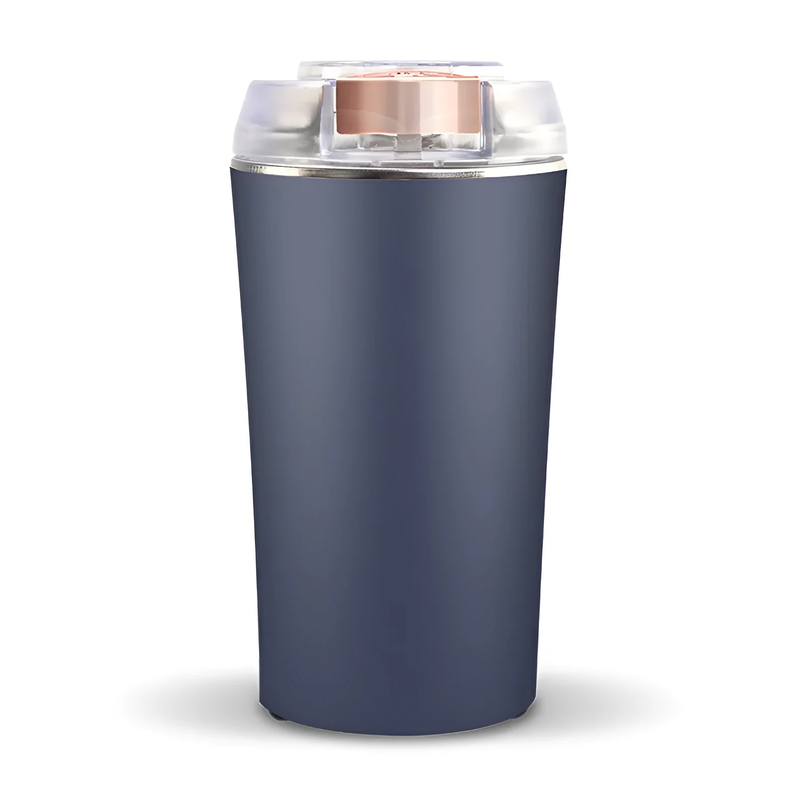 Blue manual mini flour mill and grinder for chili, pepper, and grains on a kitchen counter.