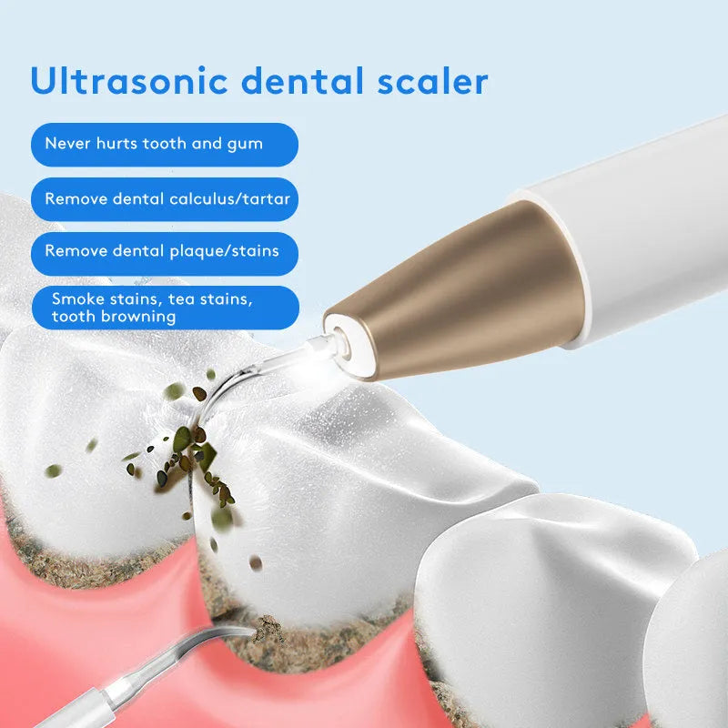 Gold coloured ultrasonic tooth cleaning device for removing tartar and stains.