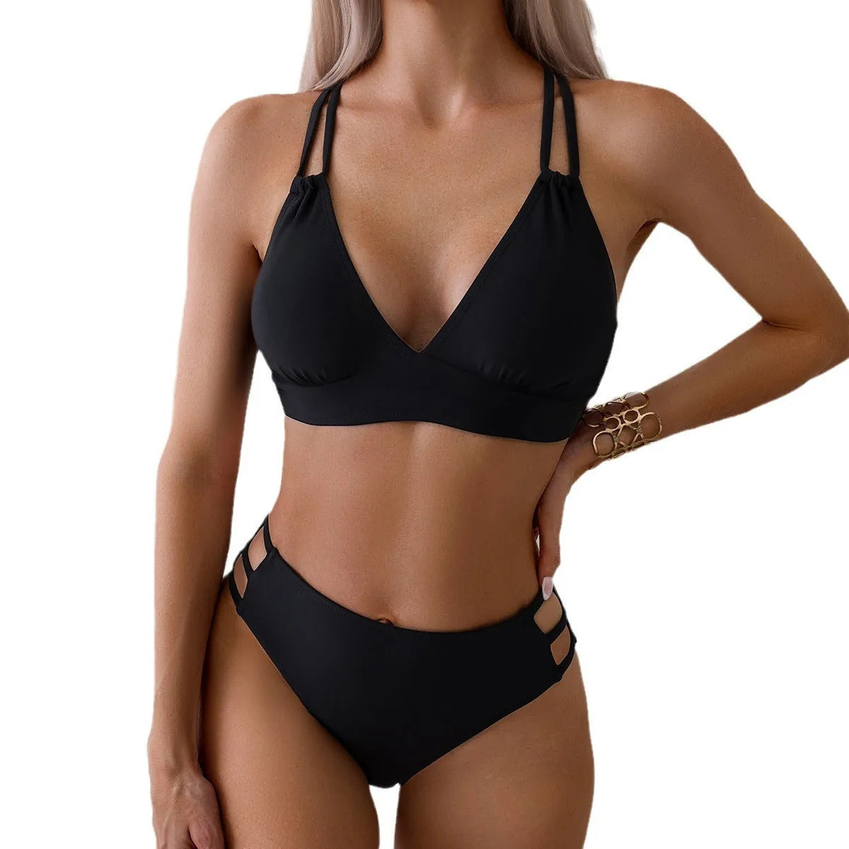 Women's black v-neck halter bikini two-piece swimsuit on a mannequin