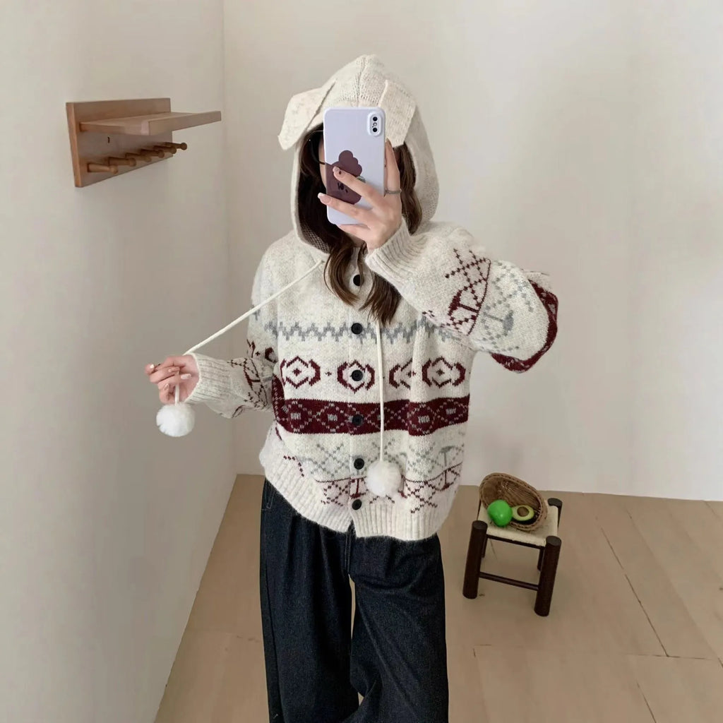 Women's geometric pattern brocade sweater coat in milky white loose fit plus size
