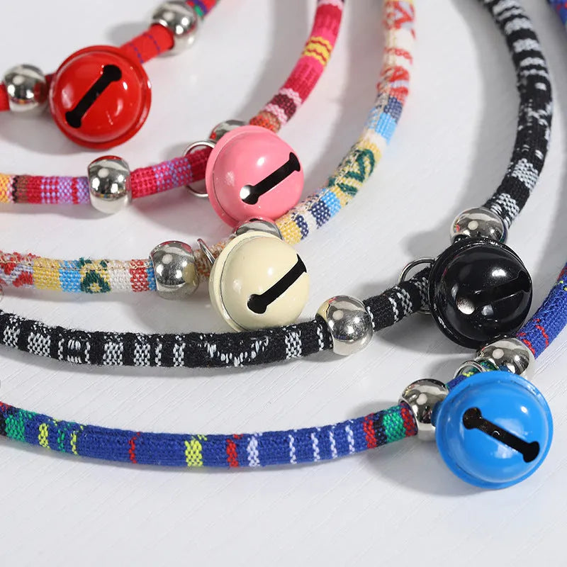 Coloured ethnic pattern adjustable pet collar with small bell for cats and dogs.