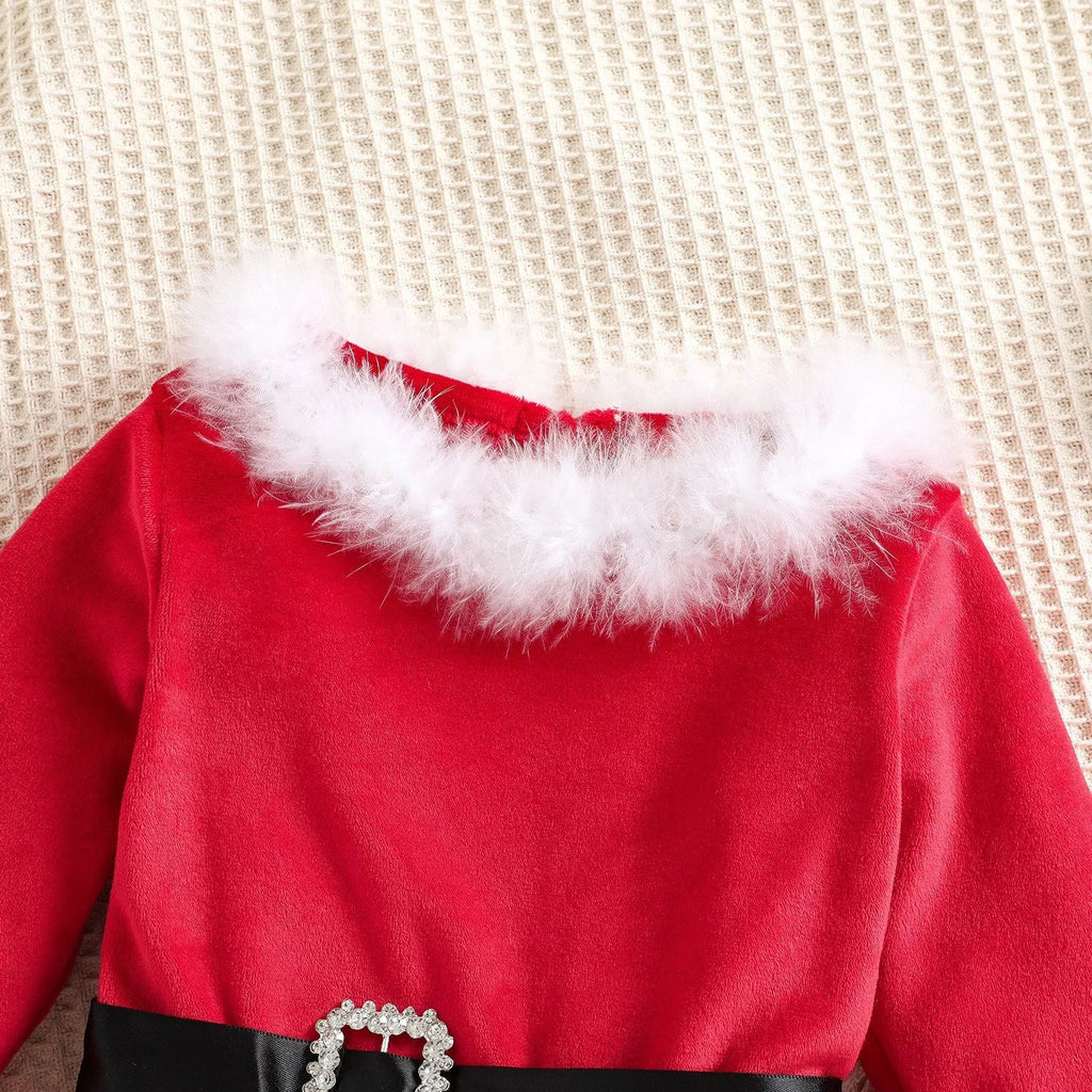 Red 100% cotton Christmas dress set for girls with matching headband, sizes 12M to 5T