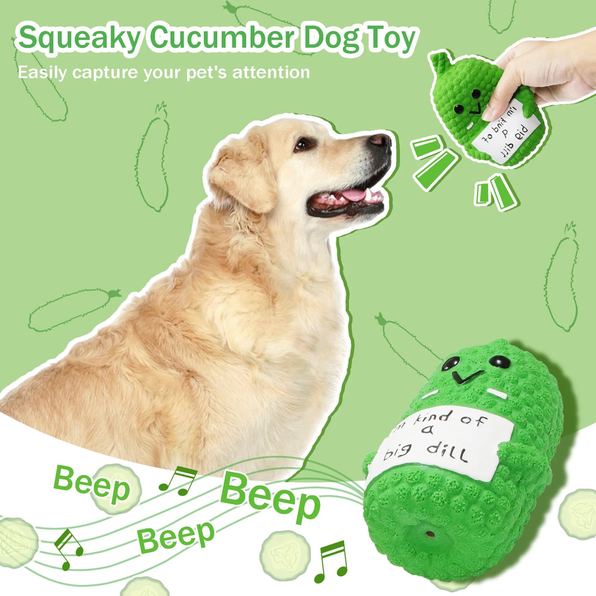 Green pickle-shaped squeaky dog toy with nubbed texture on a white background.