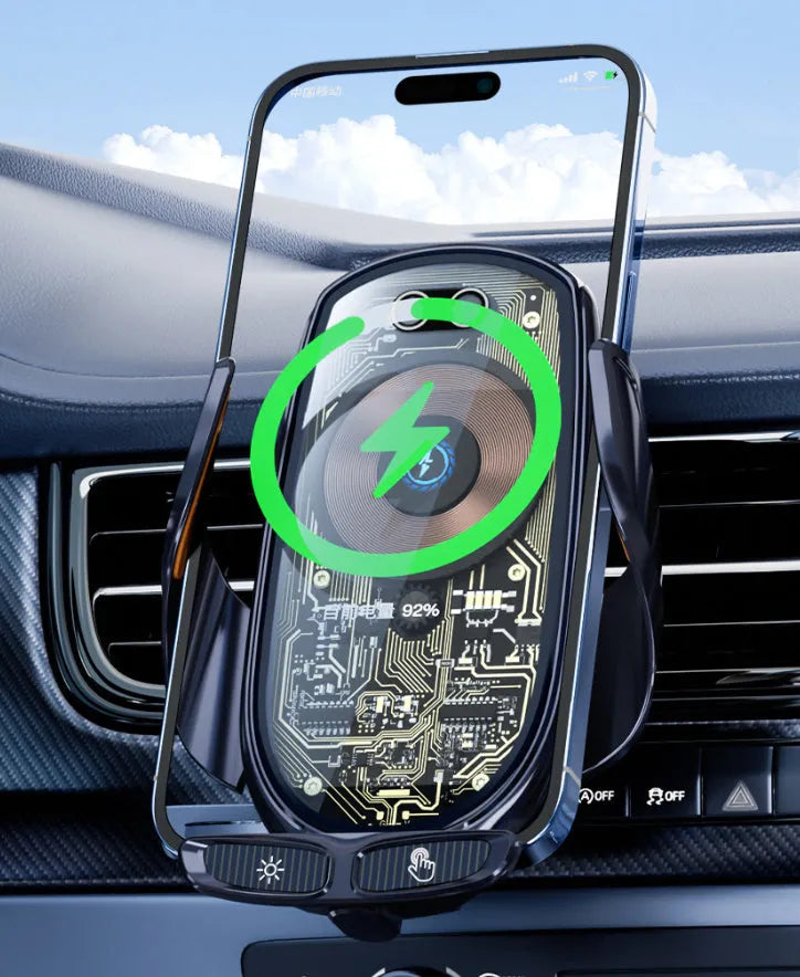 Wireless super fast charge car charger with smart bracket and air outlet clip in gun colour for V6 model