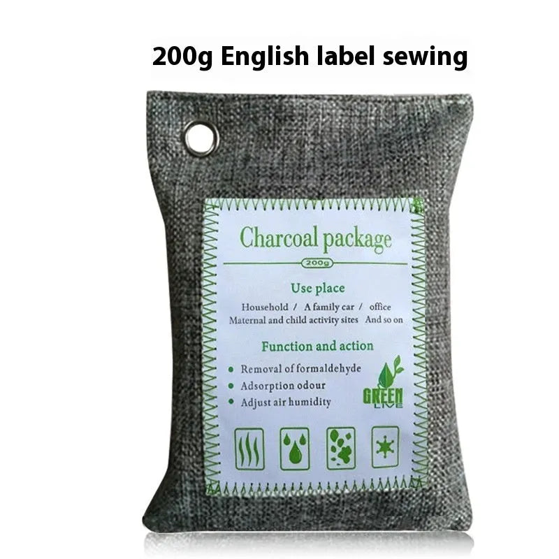 Bamboo charcoal wrapped activated carbon bag for formaldehyde removal in 100g, 200g, and 500g sizes.
