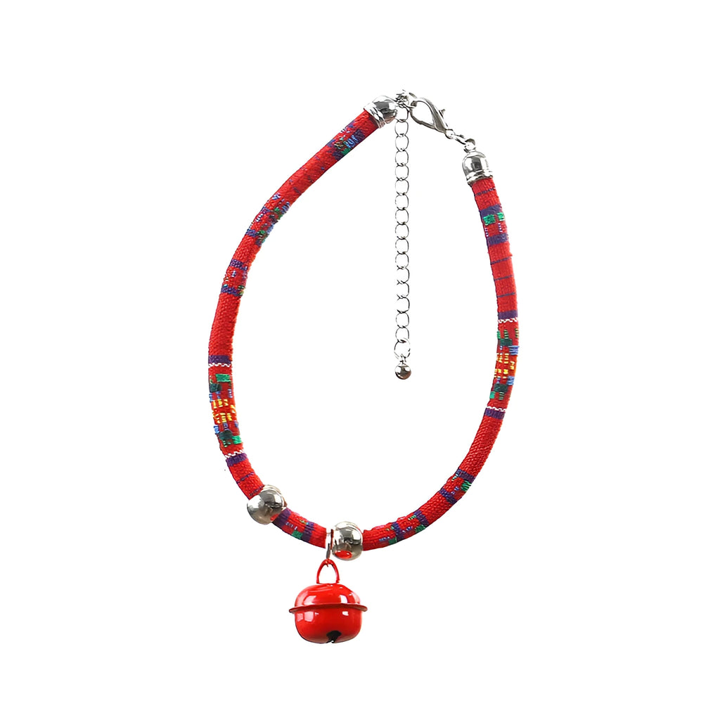 Coloured ethnic pattern adjustable pet collar with small bell for cats and dogs.