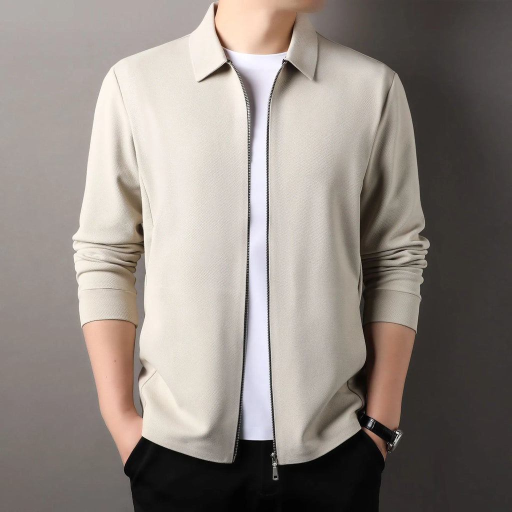Men's apricot coloured casual business jacket with straight hem and long sleeves.