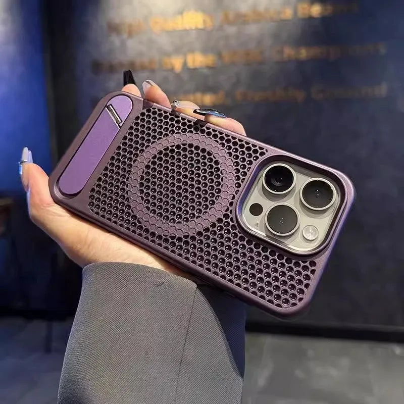 Magnetic suction breathable bracket phone case for Apple iPhone 16 Pro Max in titanium gray with metal acrylic build