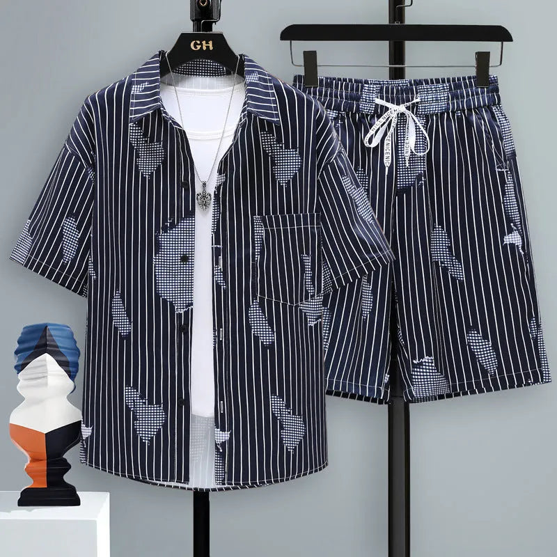 Men's grey casual short sleeve top and matching shorts two-piece set on a hanger.