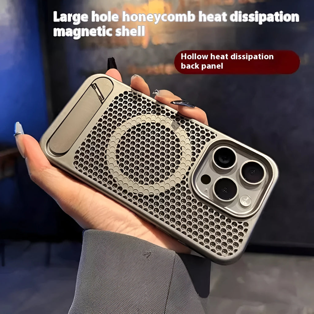 Magnetic suction breathable bracket phone case for Apple iPhone 16 Pro Max in titanium gray with metal acrylic build