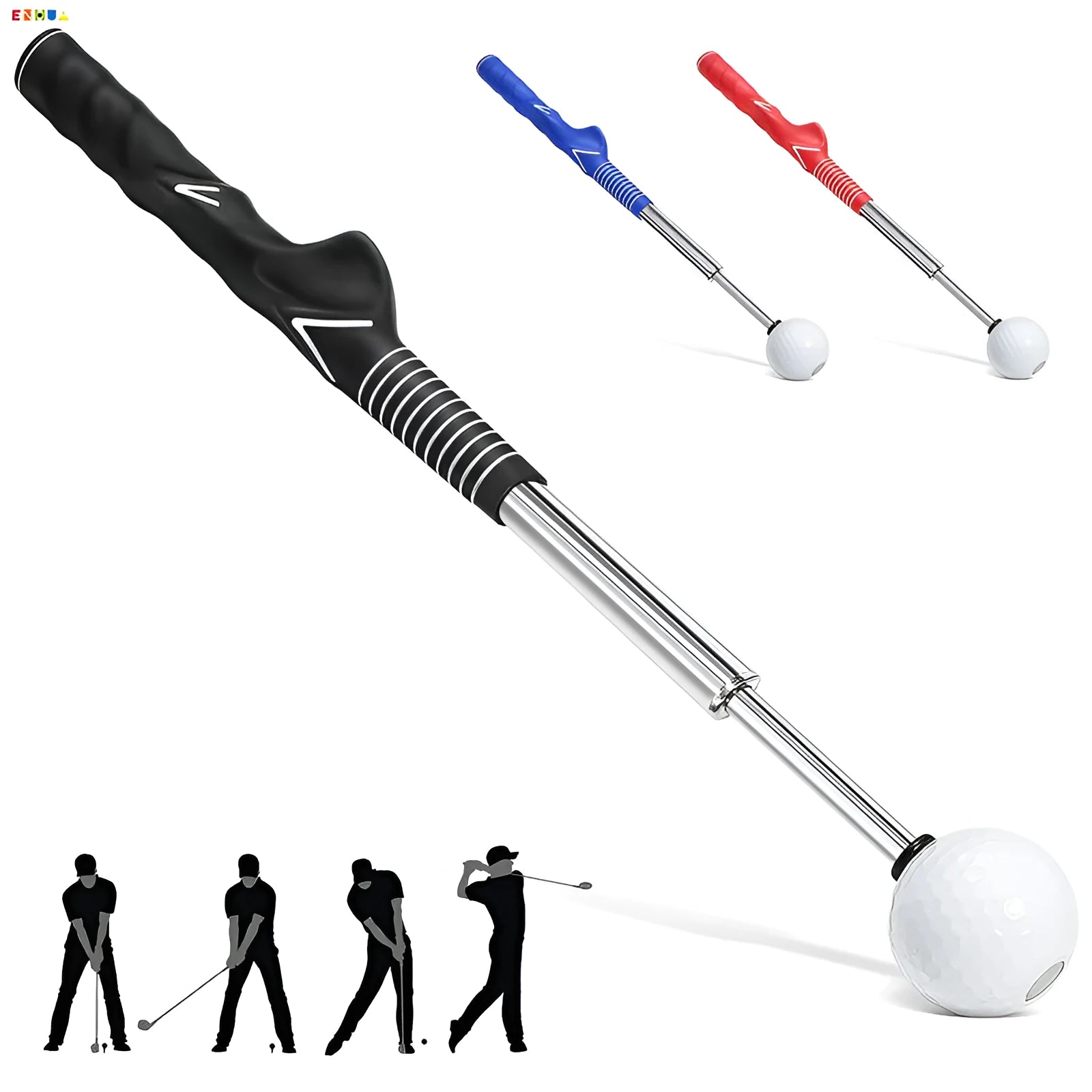 Telescopic stainless steel golf swing trainer shown in black, blue, and red colour options