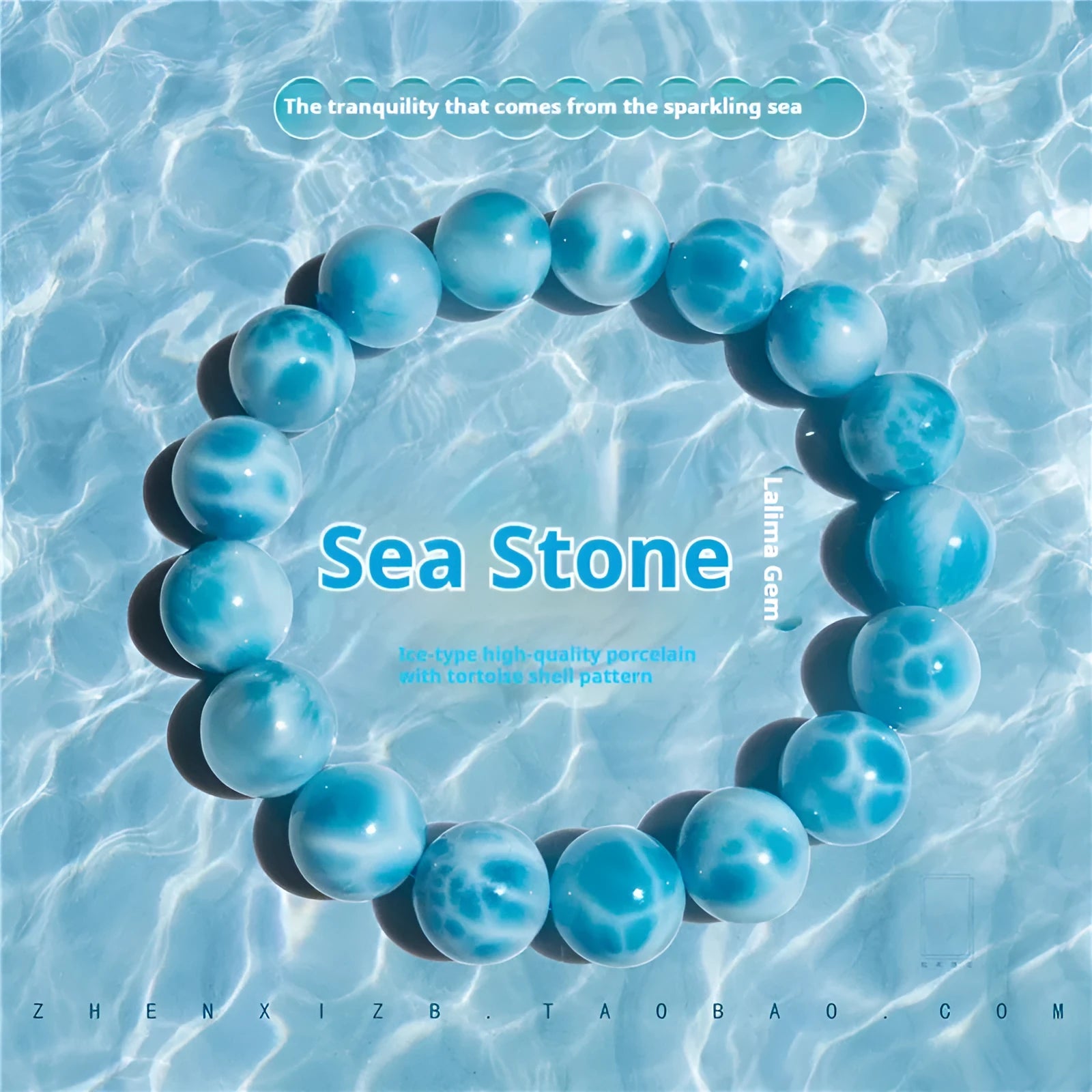 Blue handmade bodhi bracelet with natural crystal sea-pattern beads and pearl accents on a white background.