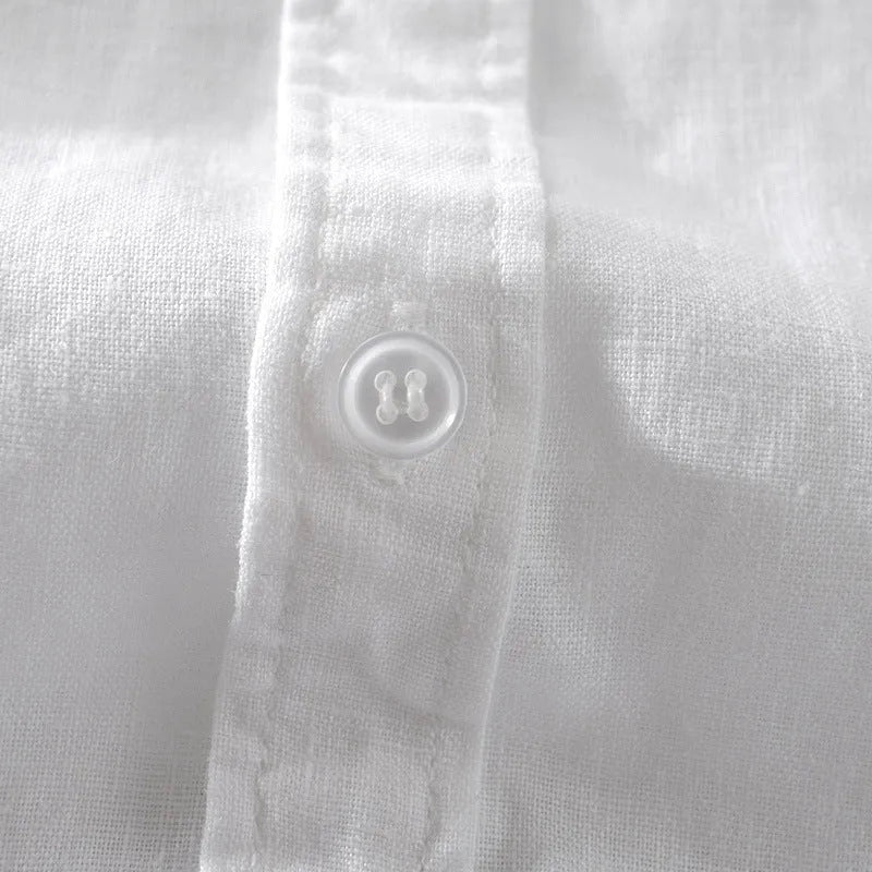 Man wearing a loose fit apricot coloured short sleeve linen cotton blend casual shirt