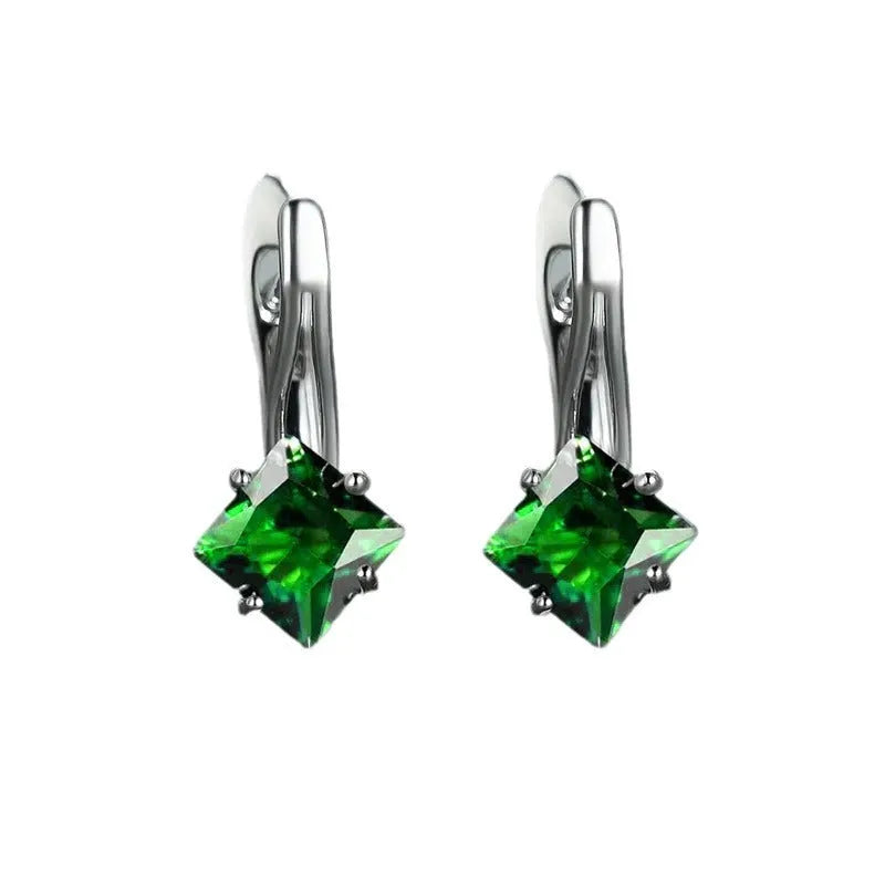Women's diamond design earrings with zircon inlay on copper base in blue, green and colour options