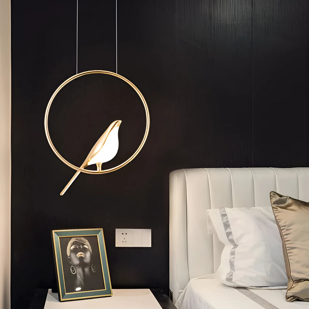Modern minimalist magpie bird silhouette LED chandelier ceiling light made from zinc alloy and acrylic.