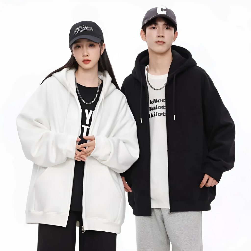 Men's solid colour hooded cardigan sweatshirt in loose fit polyester, front view