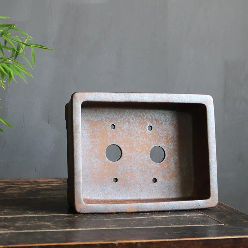 Large rectangular purple sand bonsai pot with five-line basin design and firewood burning texture.