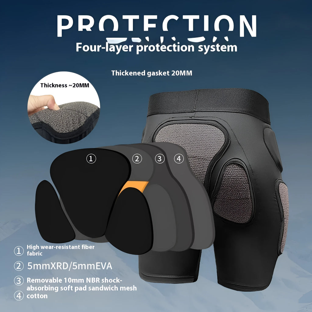X-ray diffraction ski protective gear showing hip pads and knee pads for multiple sports protection