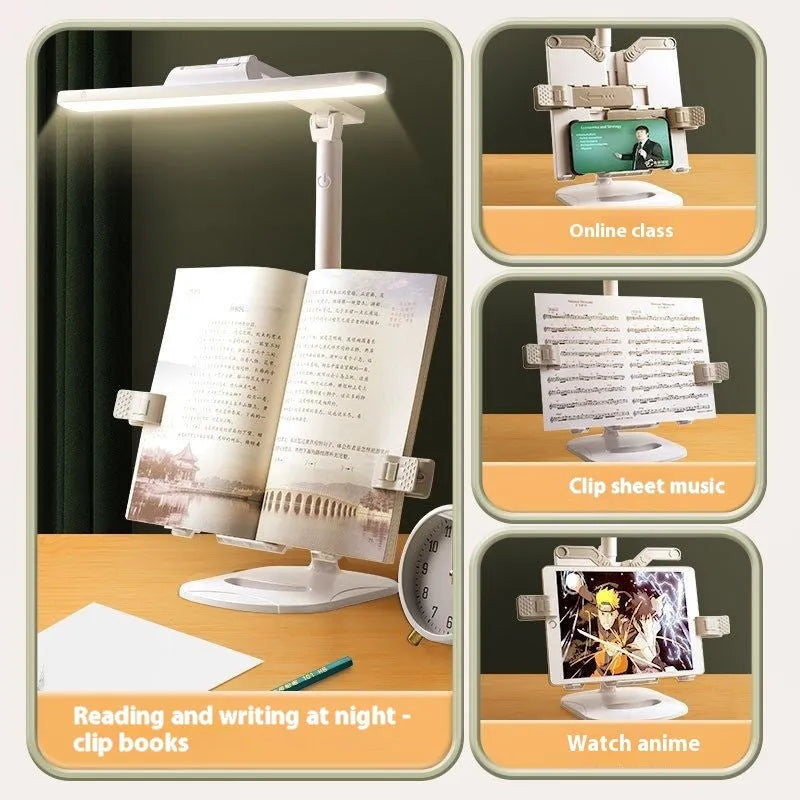 Adjustable multifunctional table lamp with an integrated bookshelf shelf on a wooden desk.