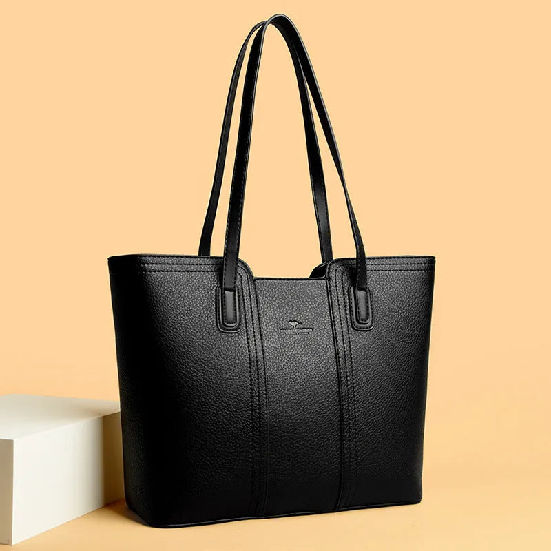 Women's genuine leather shoulder bag in light beige with high capacity and three-dimensional pocket, business commute style